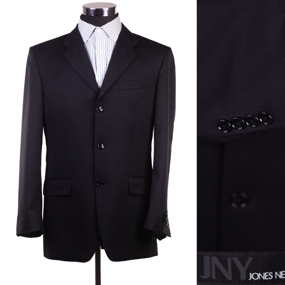 Jones New York 37R Black Solid Wool Three Button Sport Coat Blazer Jacket